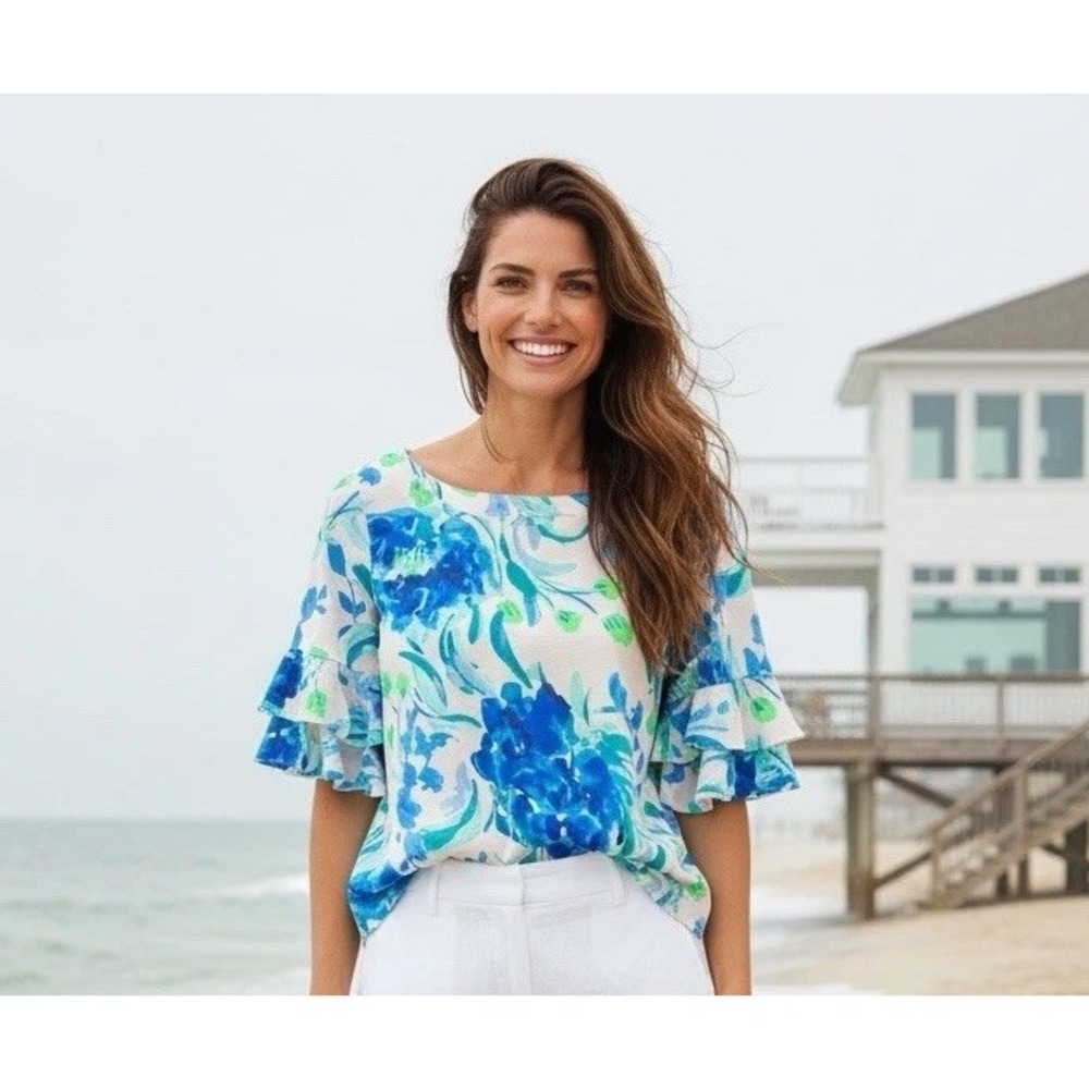 New Lilly Pulitzer Large Lula Top Sweet Pea Shirt Size L Blue Pink Blouse Ruffle
